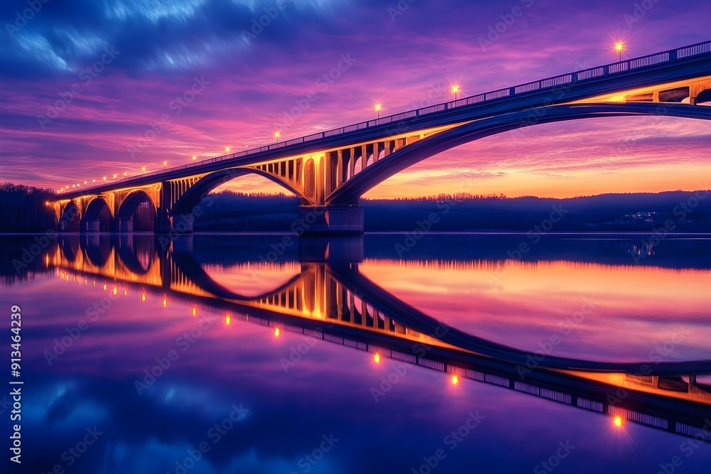 Fototapeta premium Bridge spanning a serene lake during the blue hour