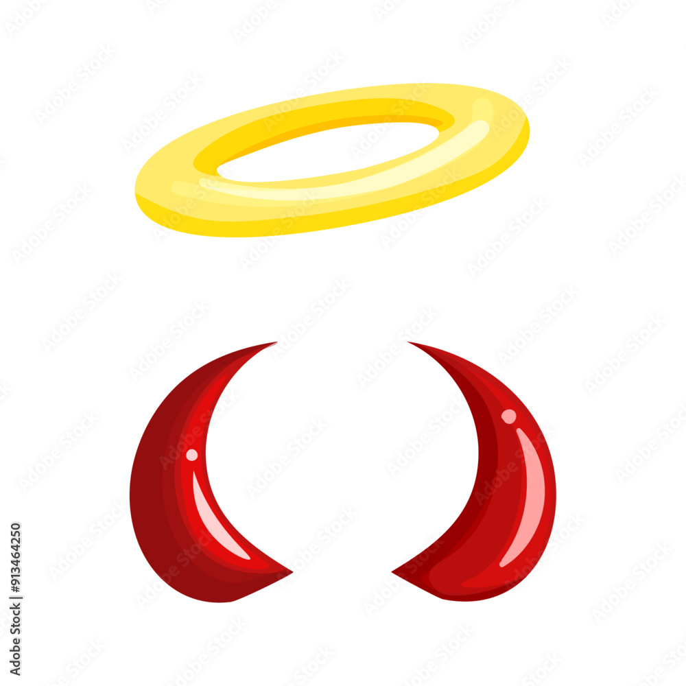 Vector illustration of saint golden glowing circle halo and red demon horns evil Vector illustration of saint golden glowing circle halo and red demon horns evil