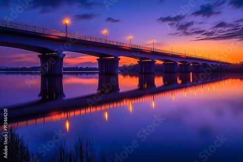 Bridge spanning a serene lake during the blue hour