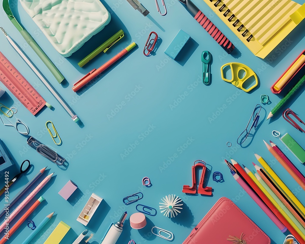 Aerial photograph of colorful school supplies on a blue background, professional color grading, soft shadows, clean sharp focus. Aerial photograph of colorful school supplies on a blue background, professional color grading, soft shadows, clean sharp focus.