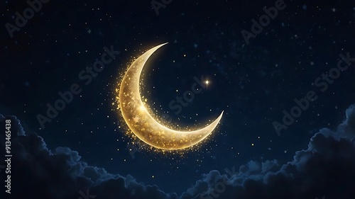 Digital illustration featuring a crescent moon against a dark blue background 