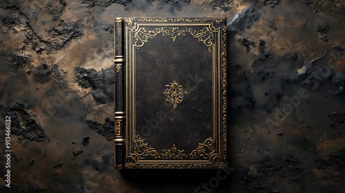 Vintage Leather Bound Book with Gold Inlay Illustration