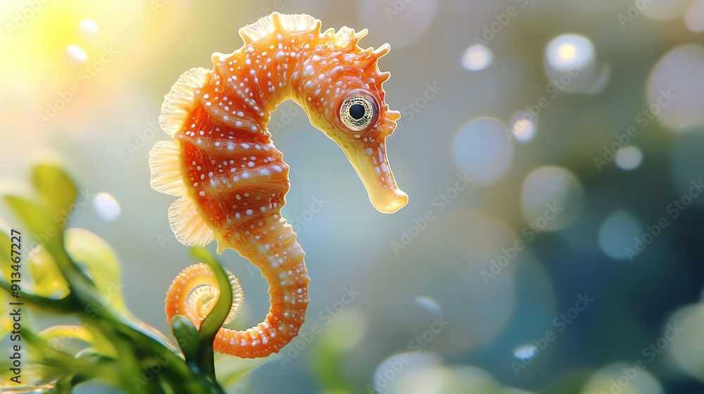 A vibrant close-up of an orange seahorse in a tropical underwater environment with sunlight filtering through, surrounded by green aquatic plants. A vibrant close-up of an orange seahorse in a tropical underwater environment with sunlight filtering through, surrounded by green aquatic plants.