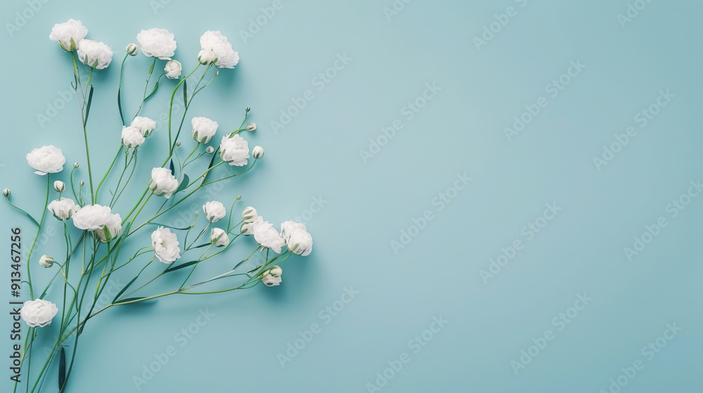 White flowers composition on pastel blue background with copy space. Flat lay style, top view, minimal style. White flowers composition on pastel blue background with copy space. Flat lay style, top view, minimal style.