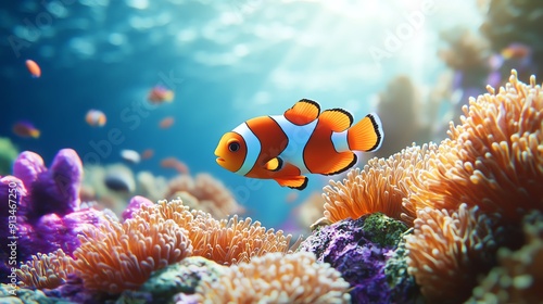 A vibrant clownfish swimming among colorful coral reefs in a bright, turquoise underwater scene, showcasing marine life beauty. photo