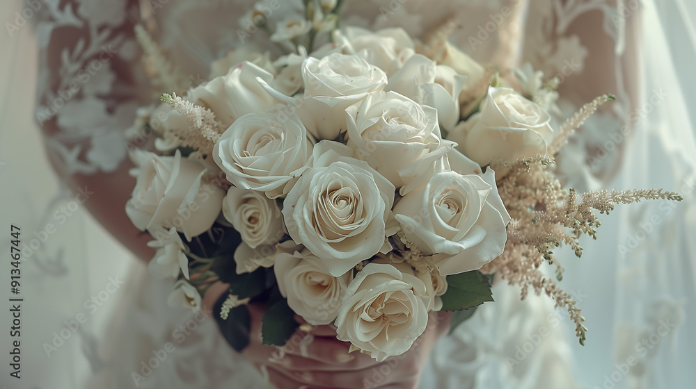 A close-up of a bridea??s hands holding a delicate bouquet of white roses, symbolizing purity and elegance. A close-up of a bridea??s hands holding a delicate bouquet of white roses, symbolizing purity and elegance.