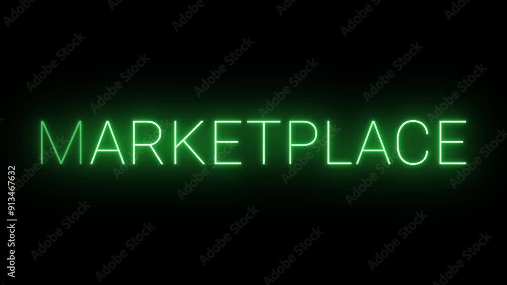 Flickering neon green glowing marketplace text animated on black background Flickering neon green glowing marketplace text animated on black background