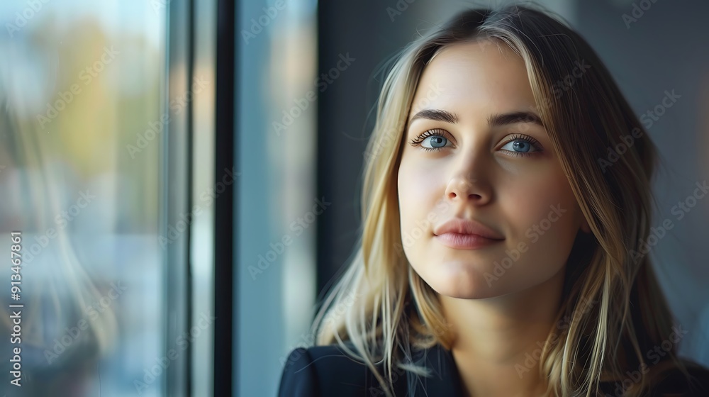 Portrait of a Beautiful young woman with blue eyes looking at the camera with a soft smile. The photograph is taken indoors with natural light illuminating the subject. Portrait of a Beautiful young woman with blue eyes looking at the camera with a soft smile. The photograph is taken indoors with natural light illuminating the subject.