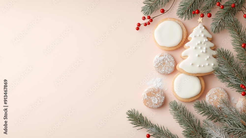 Festively decorated holiday cookies surrounded by pine branches and berries on a soft background. Festively decorated holiday cookies surrounded by pine branches and berries on a soft background.