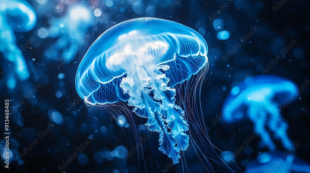 Luminescent jellyfish glowing underwater in deep blue ocean, capturing the ethereal beauty and serenity of marine life Luminescent jellyfish glowing underwater in deep blue ocean, capturing the ethereal beauty and serenity of marine life