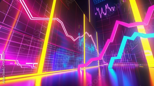 Abstract depiction of financial graphs and charts in neon colors