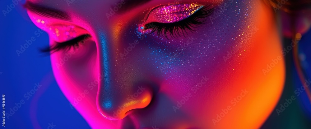 Fototapeta premium Close Up of Woman's Eye with Neon Glitter Makeup.