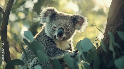 A close-up of a koala bear sitting in a tree, surrounded by green leaves with soft sunlight filtering through. Nature and wildlife photography. photo