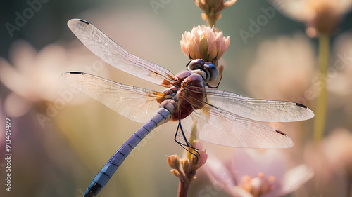 dragonfly in flower, professional color grading, soft shadows, no contrast f-stop 1.2, depth of field, focus stacking, super macro photograph photo