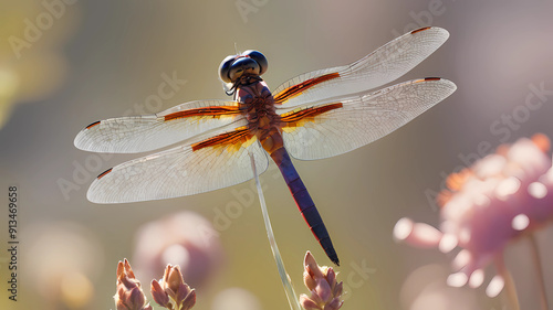 dragonfly in flower, professional color grading, soft shadows, no contrast f-stop 1.2, depth of field, focus stacking, super macro photograph