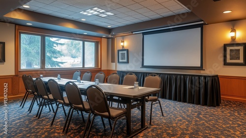 conference room with a large table, chairs, and a projector screen ready for a meeting