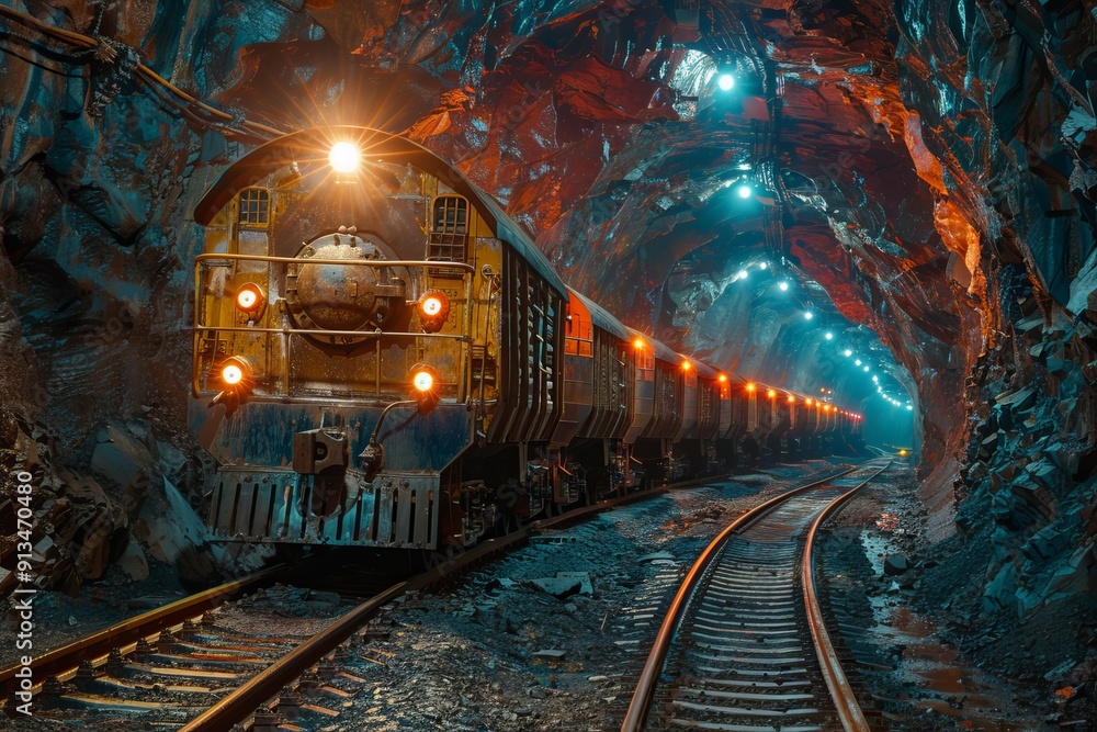 Naklejka premium Underground mine with ore transport railway and mine trolley as part of an underground freight train