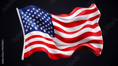 American flag in realistic motion, rich colors, clear stars on dark blue, dynamic wave showcasing texture and detail