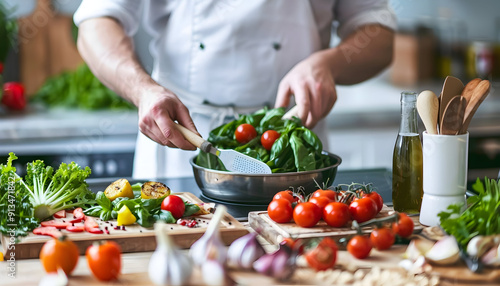 Chef preparing fresh vegetables in the kitchen.