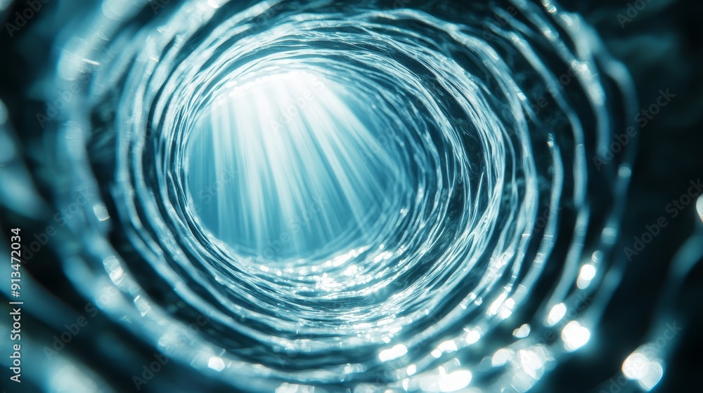An enchanting vortex of fish swimming in a mesmerizing spiral, illuminated by beams of sunlight filtering through the water An enchanting vortex of fish swimming in a mesmerizing spiral, illuminated by beams of sunlight filtering through the water