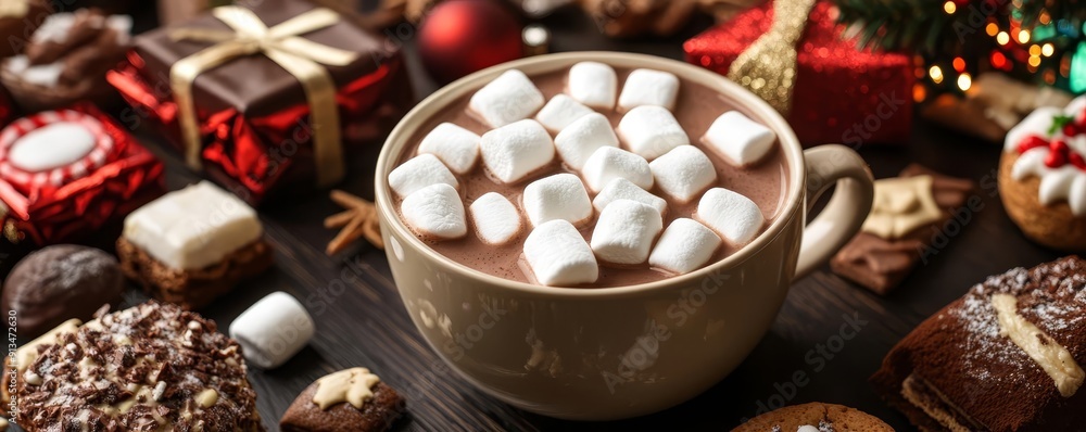 Closeup of hot chocolate with marshmallows, surrounded by holidaythemed treats and decor on a dark wood table Closeup of hot chocolate with marshmallows, surrounded by holidaythemed treats and decor on a dark wood table
