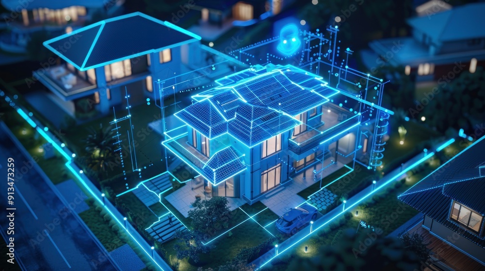 Security with AI smart surveillance at modern houses and compound, blue highlighted Ai Security, AI generated for Ads Security with AI smart surveillance at modern houses and compound, blue highlighted Ai Security, AI generated for Ads