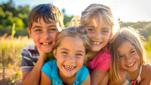 Four kids smiling and laughing together outdoors in a field.