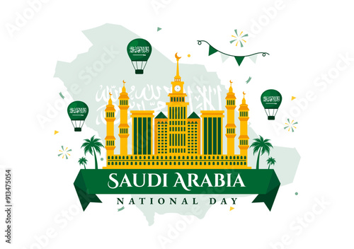 National Day of Saudi Arabia on 23rd September with Kingdom of Saudi Arabia Flag and Cityscape in Flat Background Vector Illustration