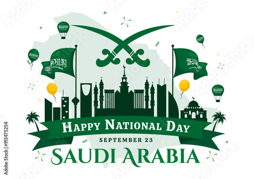 National Day of Saudi Arabia on 23rd September with Kingdom of Saudi Arabia Flag and Cityscape in Flat Background Vector Illustration
