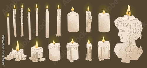 Set of burning candles of different shapes. Wax melting from fire. Creating a cozy and romantic atmosphere in the house. Interior decoration and aromatherapy. Vector illustration isolated