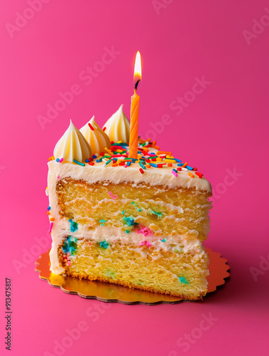 Slice of birthday cake for a birthday party. Piece of cake with a burning candle. Sweet cake with cream and confetti. Pink background. Birthday card, banner.