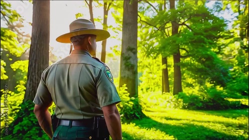 Vibrant Image of Park Ranger in Muted Green Uniform, Viewed from Behind in a Sunlit Forest, Surrounded by Tall Trees and Vivid Foliage