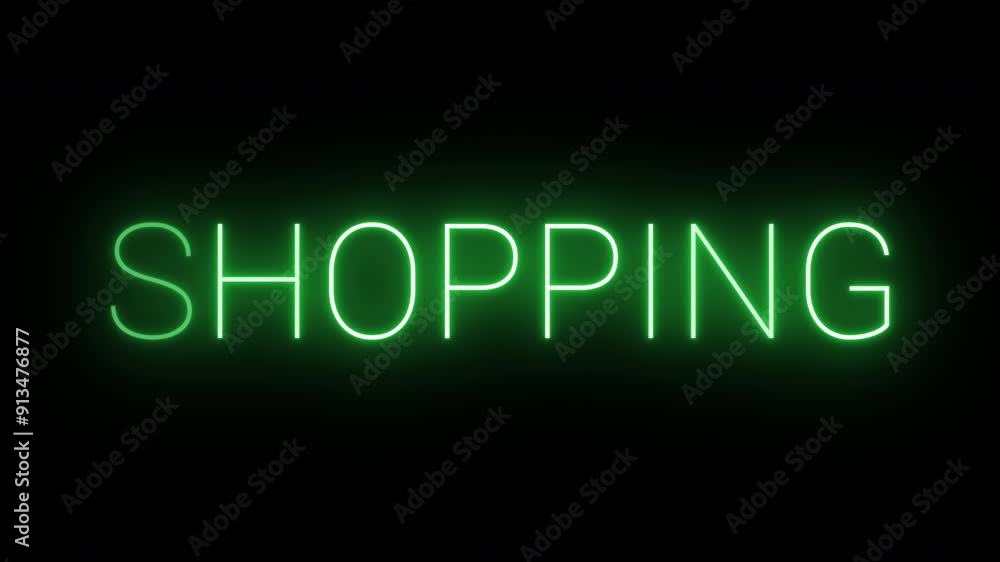 Flickering neon green glowing shopping text animated on black background Flickering neon green glowing shopping text animated on black background