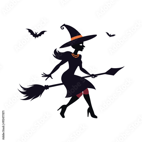 Silhouette of a Witch on a Broomstick Vector Illustration.