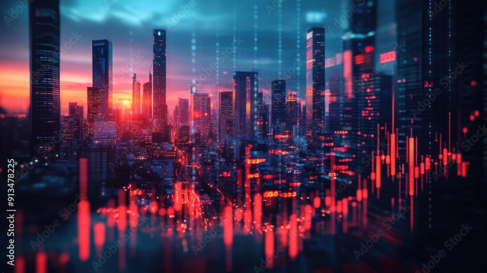 Fototapeta premium Urban Symphony: Cityscape & Stock Market Dance at Sunset
