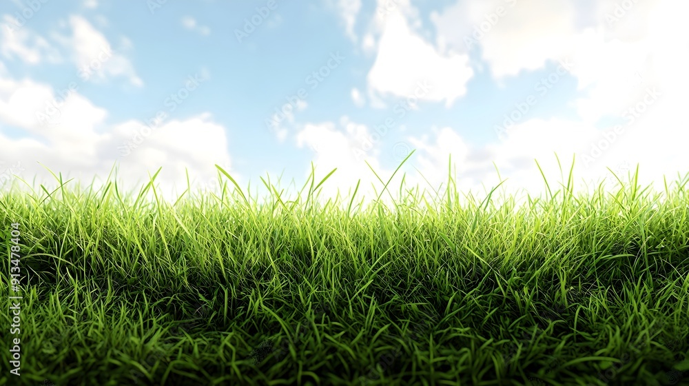 Obraz premium Lush Green Grass with Tranquil Blue Sky Background Natural Peaceful Scenery