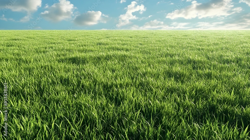 Lush green meadow with blue sky and fluffy clouds in the countryside landscape Lush green meadow with blue sky and fluffy clouds in the countryside landscape