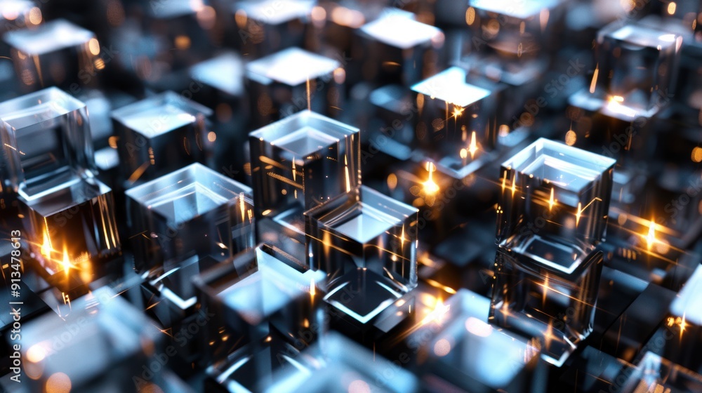 Abstract 3D Render of Glass Cubes with Glowing Highlights Abstract 3D Render of Glass Cubes with Glowing Highlights