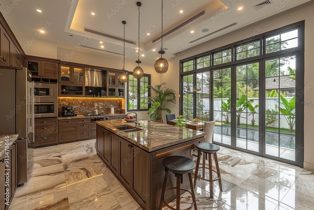 Luxurious kitchen interior with bar island, elegant cabinet design, and panoramic tropics view Luxurious kitchen interior with bar island, elegant cabinet design, and panoramic tropics view