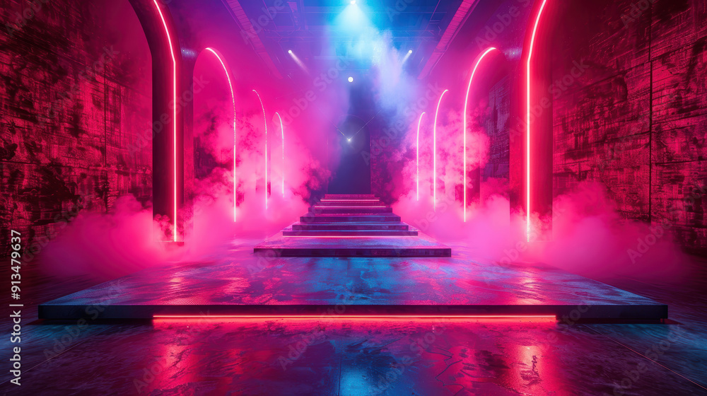 A neon pink and purple hallway with smoke and lights. The hallway is long and narrow, with stairs leading up to the next level A neon pink and purple hallway with smoke and lights. The hallway is long and narrow, with stairs leading up to the next level