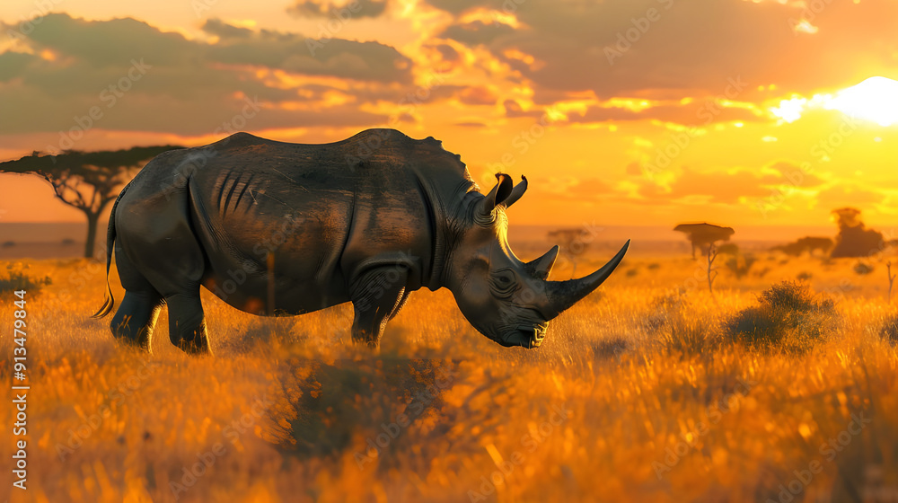 Fototapeta premium White rhinoceros walking through tall grass at sunset.