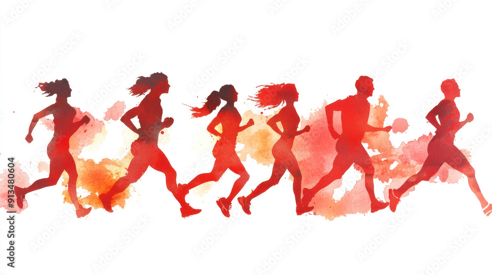 Obraz premium Red watercolor painting of a group people exercise workout together