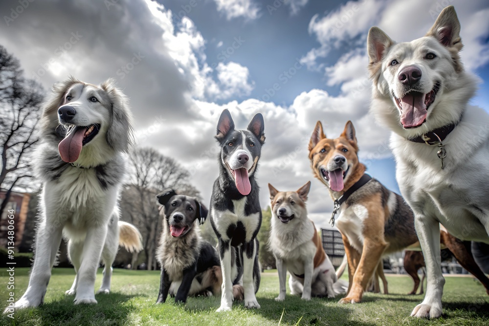 Dogs of all breeds in a park, fresh air, bright sky, celebrating International Dog Day Dogs of all breeds in a park, fresh air, bright sky, celebrating International Dog Day