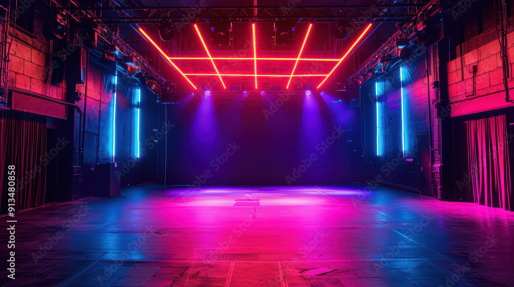 Naklejka premium A large empty stage with neon lights and a red and blue curtain