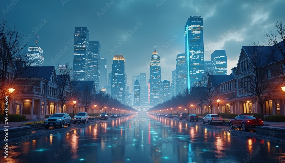 Cityscape at Night with Wet Streets and Reflected Lights. Cityscape at Night with Wet Streets and Reflected Lights.
