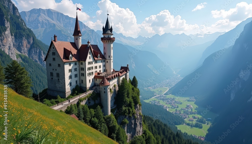 Majestic Castle Perched on a Mountain Cliff. Majestic Castle Perched on a Mountain Cliff.