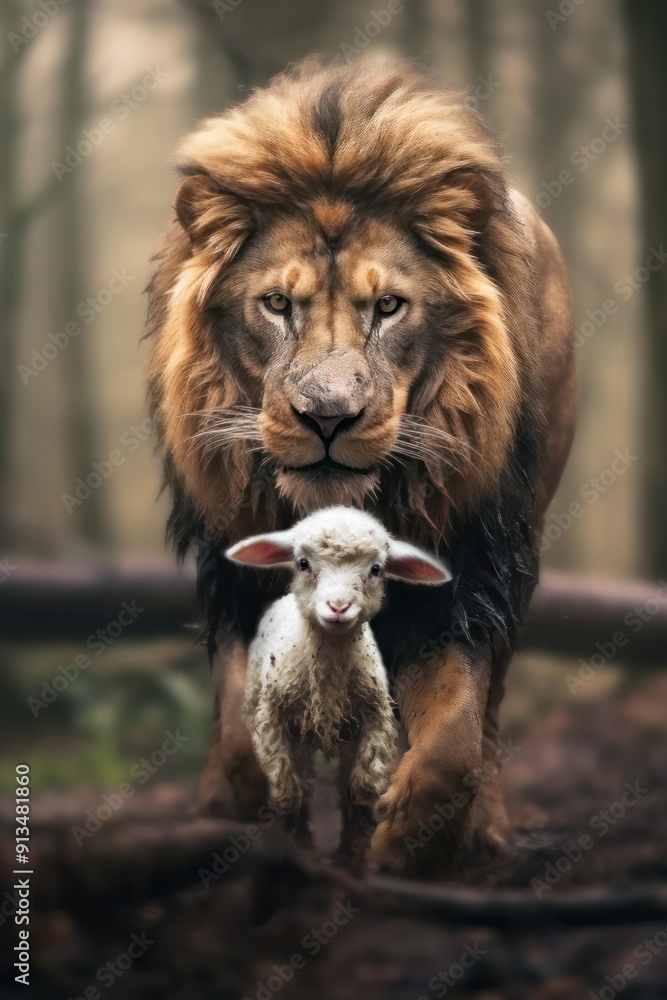 Lion And Lamb Divine Protection: Amidst the forest's whispers, the Lion of Judah watches over the vulnerable lamb. Christian Art Illustration. Lion And Lamb Divine Protection: Amidst the forest's whispers, the Lion of Judah watches over the vulnerable lamb. Christian Art Illustration.