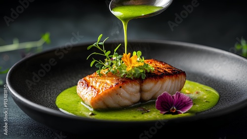 Fototapeta Naklejka Na Ścianę i Meble -  Gourmet Grilled Fish with Herb Sauce