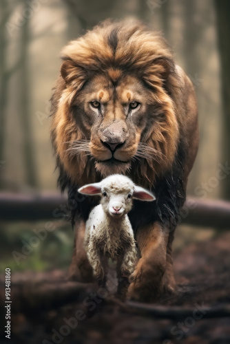 Lion And Lamb Divine Protection: Amidst the forest's whispers, the Lion of Judah watches over the vulnerable lamb.  Christian Art Illustration.