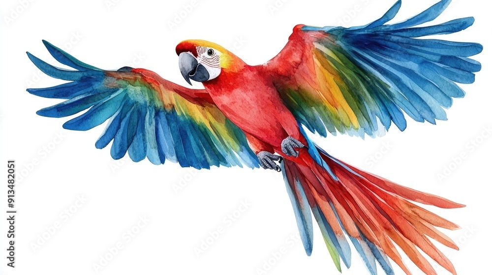 Obraz premium Playful and Colorful Circus Parrot Character Performing Tricks and Acrobatics in Vibrant Watercolor Isolated on White Background